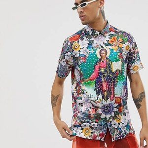 ASOS DESIGN button down shirt with tropical sequin saint